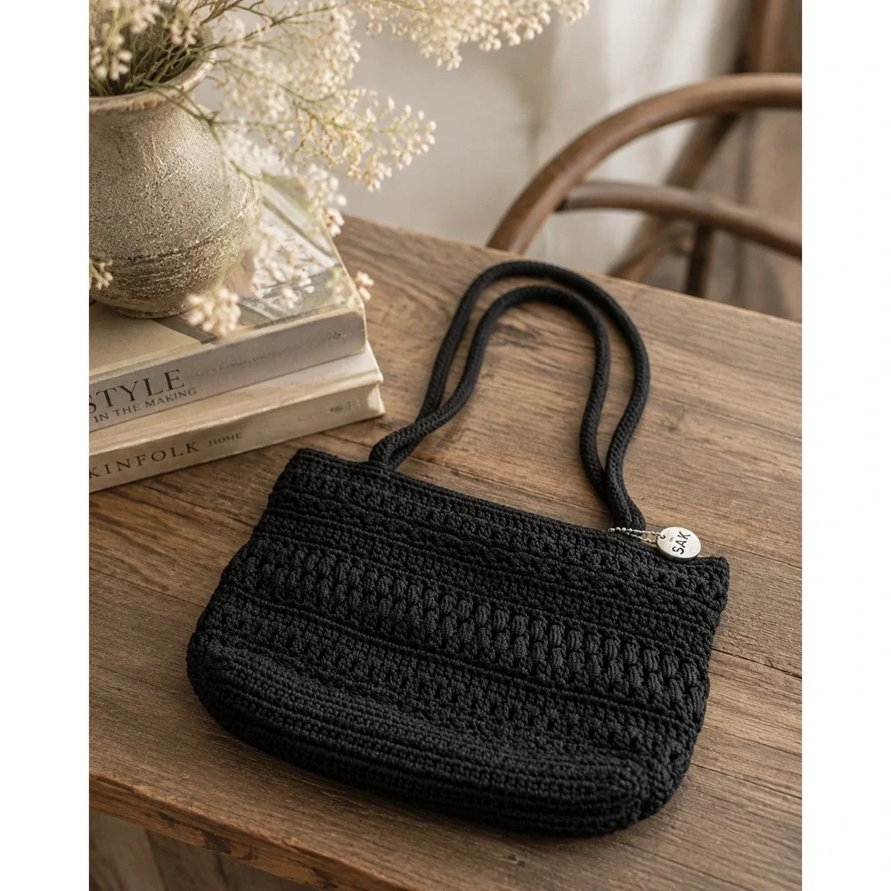 The Sak Black Crochet Shoulder Bag Small Boho Woven Zip Top Purse Silver Charm